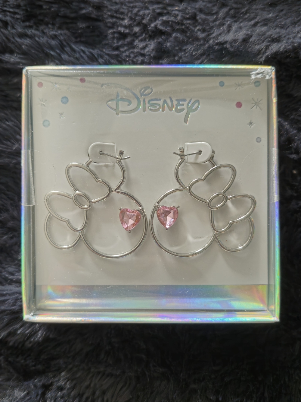 Disney Silver Minnie Outline Hoop Earrings with Pink Heart Crystals